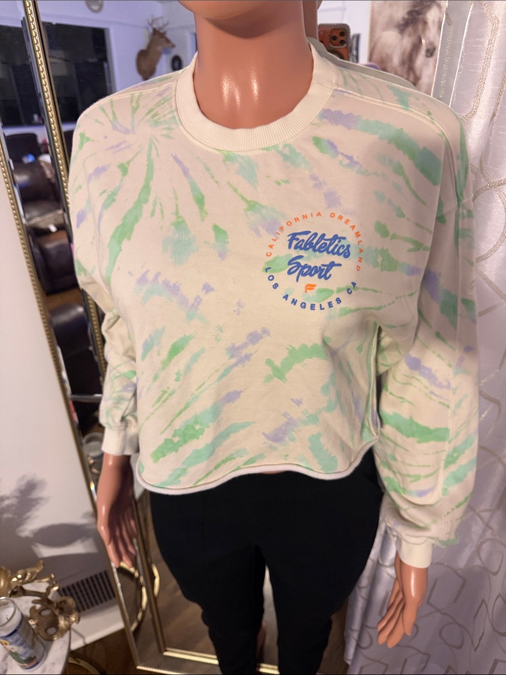 Fabletics Tie-Dye Cropped Sweatshirt in Cream, Green & Light Purple